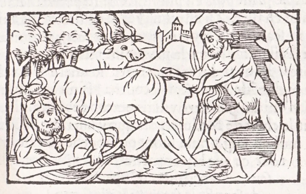 An illustration from Les XV. liures de la Metamorphose d'Ouide (poëte treselegãt) : contenans L'olympe des histoires poëtiques, traduictz de Latin en Francoys : le tout figuré de nouuelles figures & hystoires .., 1539, leaf 145