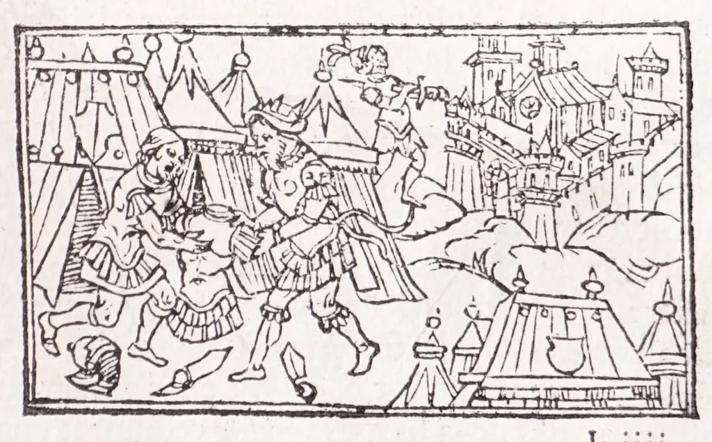 An illustration from Les XV. liures de la Metamorphose d'Ouide (poëte treselegãt) : contenans L'olympe des histoires poëtiques, traduictz de Latin en Francoys : le tout figuré de nouuelles figures & hystoires .., 1539, leaf 155
