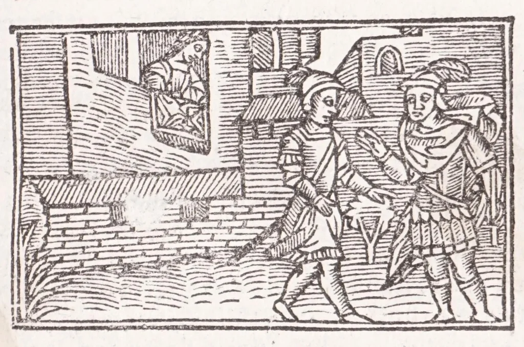 An illustration from Les XV. liures de la Metamorphose d'Ouide (poëte treselegãt) : contenans L'olympe des histoires poëtiques, traduictz de Latin en Francoys : le tout figuré de nouuelles figures & hystoires .., 1539, leaf 161