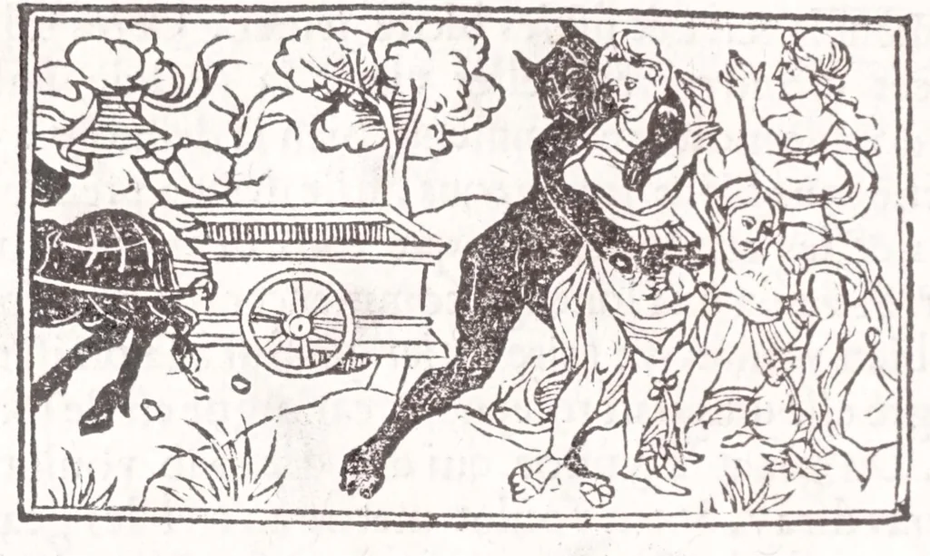 An illustration from Les XV. liures de la Metamorphose d'Ouide (poëte treselegãt) : contenans L'olympe des histoires poëtiques, traduictz de Latin en Francoys : le tout figuré de nouuelles figures & hystoires .., 1539, leaf 168