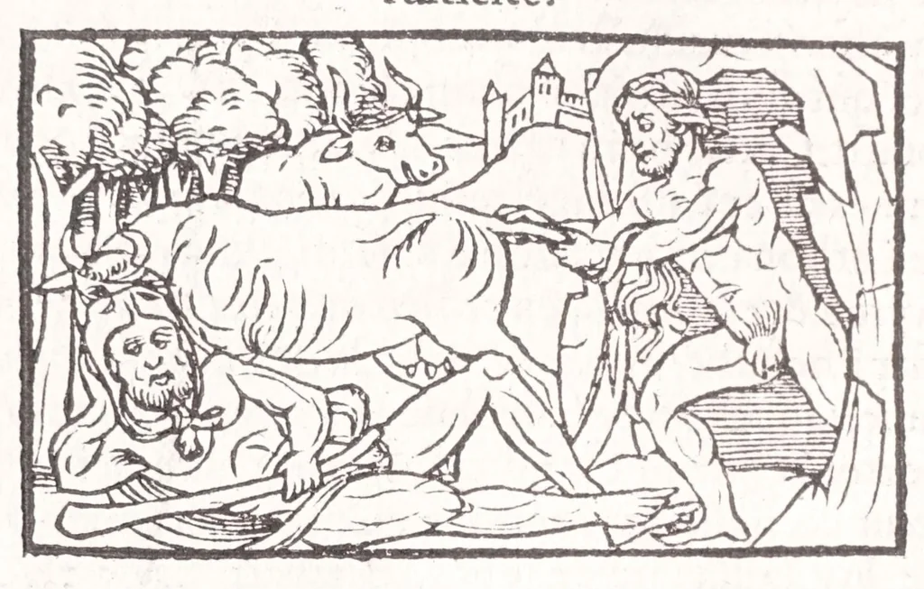 An illustration from Les XV. liures de la Metamorphose d'Ouide (poëte treselegãt) : contenans L'olympe des histoires poëtiques, traduictz de Latin en Francoys : le tout figuré de nouuelles figures & hystoires .., 1539, leaf 194