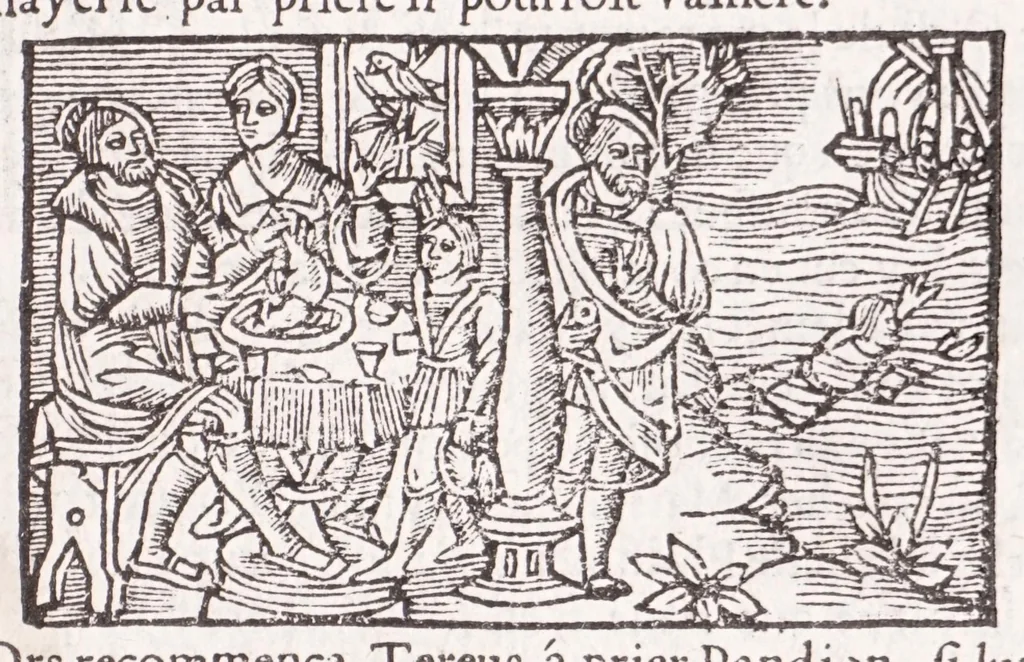 An illustration from Les XV. liures de la Metamorphose d'Ouide (poëte treselegãt) : contenans L'olympe des histoires poëtiques, traduictz de Latin en Francoys : le tout figuré de nouuelles figures & hystoires .., 1539, leaf 205