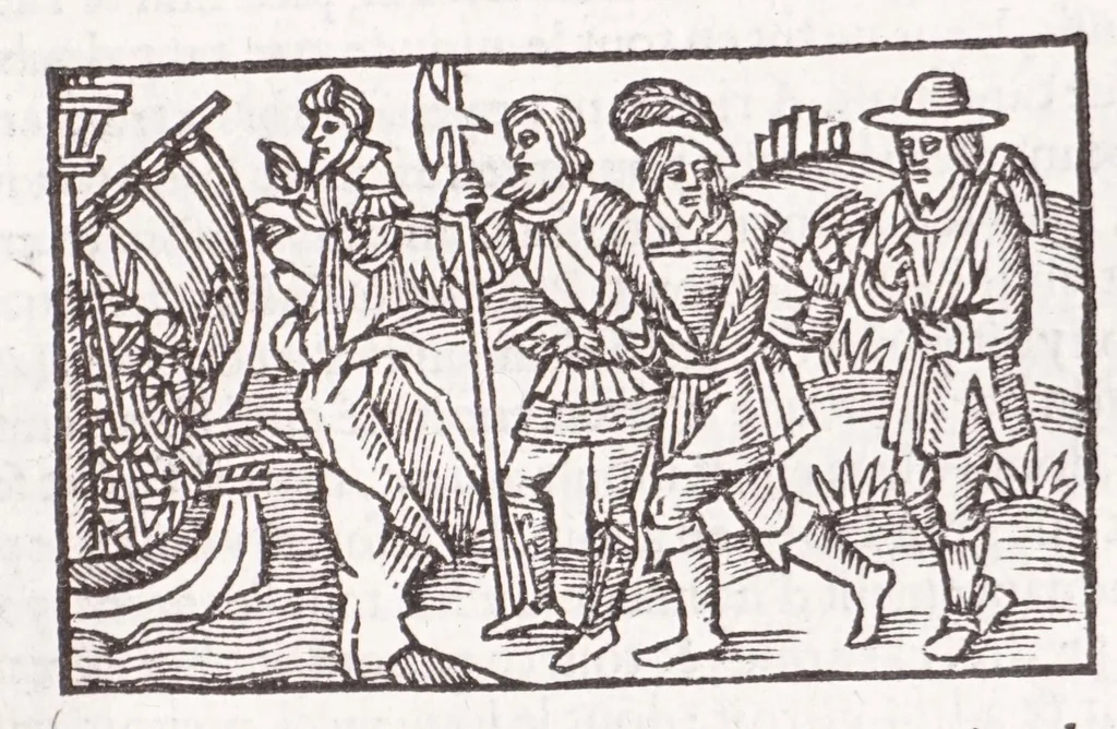 An illustration from Les XV. liures de la Metamorphose d'Ouide (poëte treselegãt) : contenans L'olympe des histoires poëtiques, traduictz de Latin en Francoys : le tout figuré de nouuelles figures & hystoires .., 1539, leaf 219