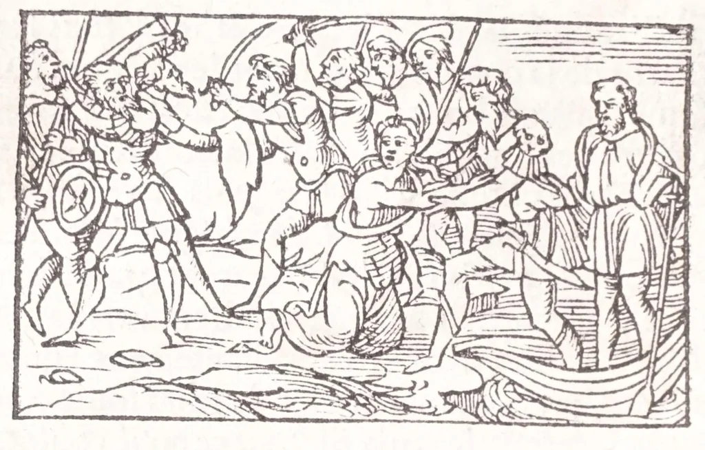 An illustration from Les XV. liures de la Metamorphose d'Ouide (poëte treselegãt) : contenans L'olympe des histoires poëtiques, traduictz de Latin en Francoys : le tout figuré de nouuelles figures & hystoires .., 1539, leaf 228