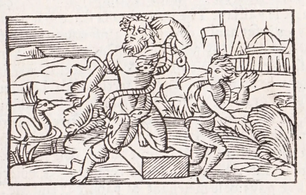 An illustration from Les XV. liures de la Metamorphose d'Ouide (poëte treselegãt) : contenans L'olympe des histoires poëtiques, traduictz de Latin en Francoys : le tout figuré de nouuelles figures & hystoires .., 1539, leaf 241