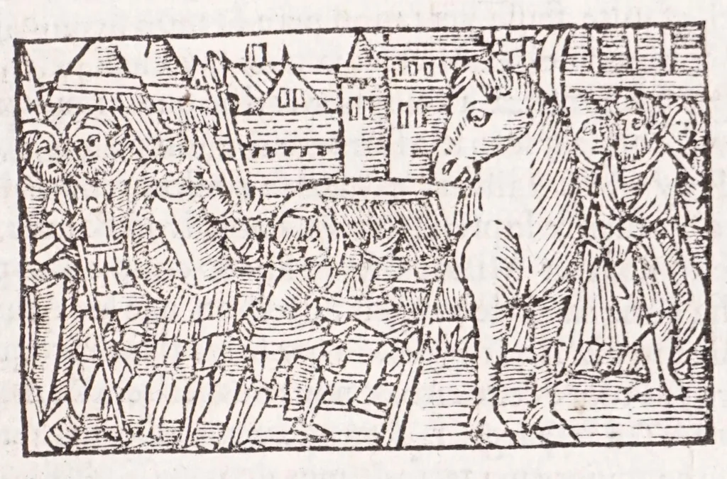 An illustration from Les XV. liures de la Metamorphose d'Ouide (poëte treselegãt) : contenans L'olympe des histoires poëtiques, traduictz de Latin en Francoys : le tout figuré de nouuelles figures & hystoires .., 1539, leaf 259