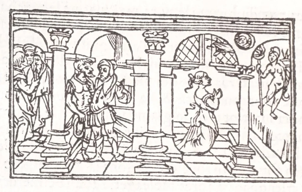 An illustration from Les XV. liures de la Metamorphose d'Ouide (poëte treselegãt) : contenans L'olympe des histoires poëtiques, traduictz de Latin en Francoys : le tout figuré de nouuelles figures & hystoires .., 1539, leaf 282