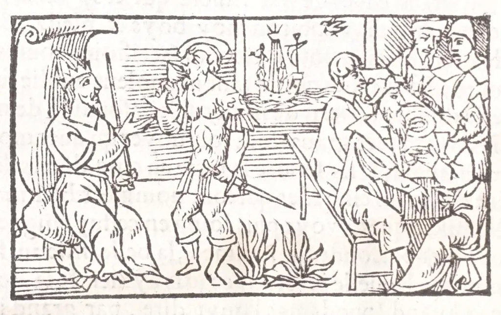 An illustration from Les XV. liures de la Metamorphose d'Ouide (poëte treselegãt) : contenans L'olympe des histoires poëtiques, traduictz de Latin en Francoys : le tout figuré de nouuelles figures & hystoires .., 1539, leaf 288