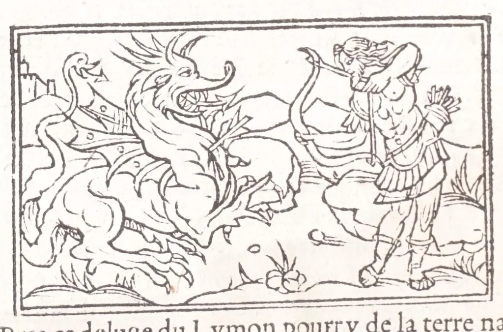 An illustration from Les XV. liures de la Metamorphose d'Ouide (poëte treselegãt) : contenans L'olympe des histoires poëtiques, traduictz de Latin en Francoys : le tout figuré de nouuelles figures & hystoires .., 1539, leaf 30