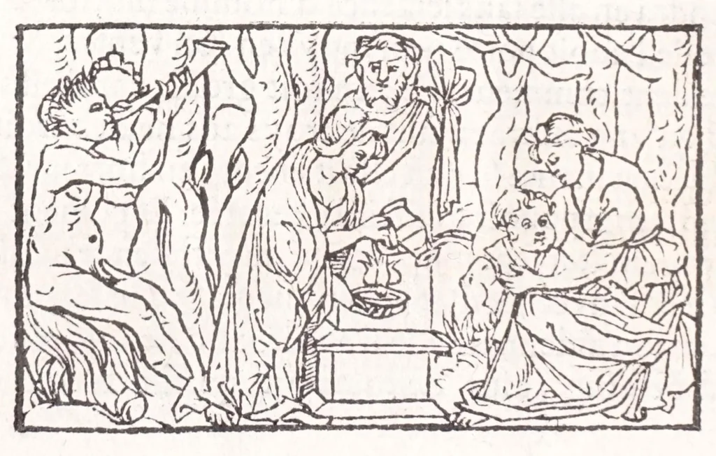 An illustration from Les XV. liures de la Metamorphose d'Ouide (poëte treselegãt) : contenans L'olympe des histoires poëtiques, traduictz de Latin en Francoys : le tout figuré de nouuelles figures & hystoires .., 1539, leaf 318