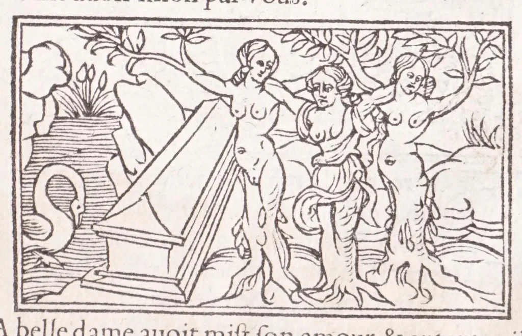 An illustration from Les XV. liures de la Metamorphose d'Ouide (poëte treselegãt) : contenans L'olympe des histoires poëtiques, traduictz de Latin en Francoys : le tout figuré de nouuelles figures & hystoires .., 1539, leaf 33