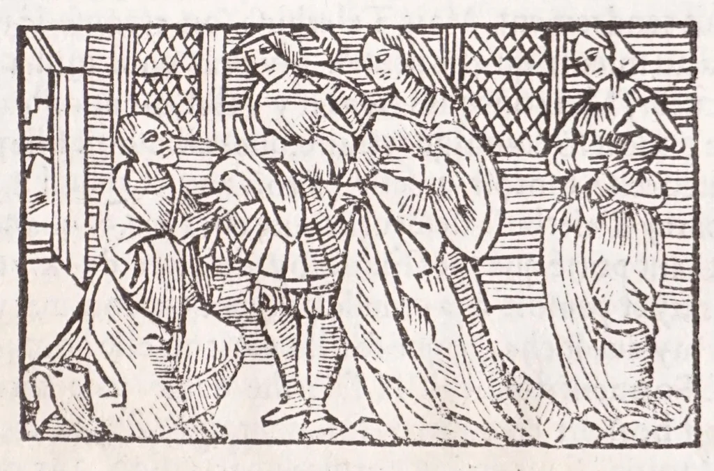 An illustration from Les XV. liures de la Metamorphose d'Ouide (poëte treselegãt) : contenans L'olympe des histoires poëtiques, traduictz de Latin en Francoys : le tout figuré de nouuelles figures & hystoires .., 1539, leaf 337