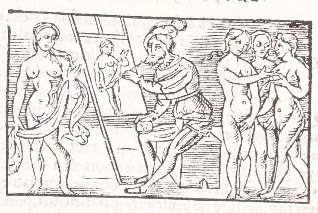 An illustration from Les XV. liures de la Metamorphose d'Ouide (poëte treselegãt) : contenans L'olympe des histoires poëtiques, traduictz de Latin en Francoys : le tout figuré de nouuelles figures & hystoires .., 1539, leaf 352