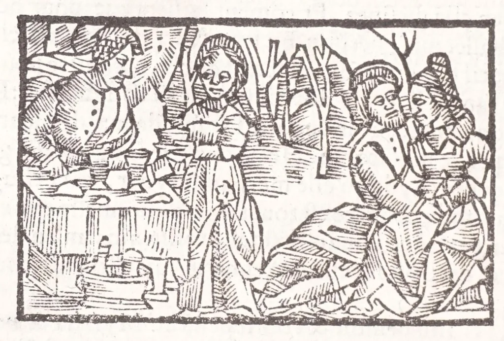 An illustration from Les XV. liures de la Metamorphose d'Ouide (poëte treselegãt) : contenans L'olympe des histoires poëtiques, traduictz de Latin en Francoys : le tout figuré de nouuelles figures & hystoires .., 1539, leaf 364