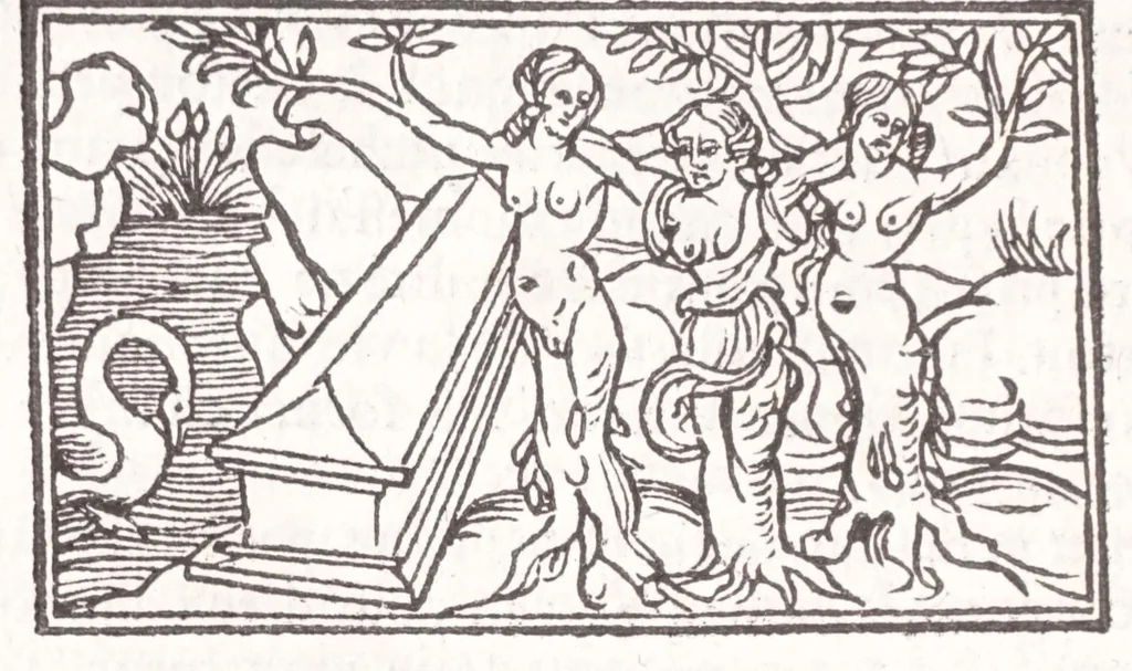 An illustration from Les XV. liures de la Metamorphose d'Ouide (poëte treselegãt) : contenans L'olympe des histoires poëtiques, traduictz de Latin en Francoys : le tout figuré de nouuelles figures & hystoires .., 1539, leaf 370