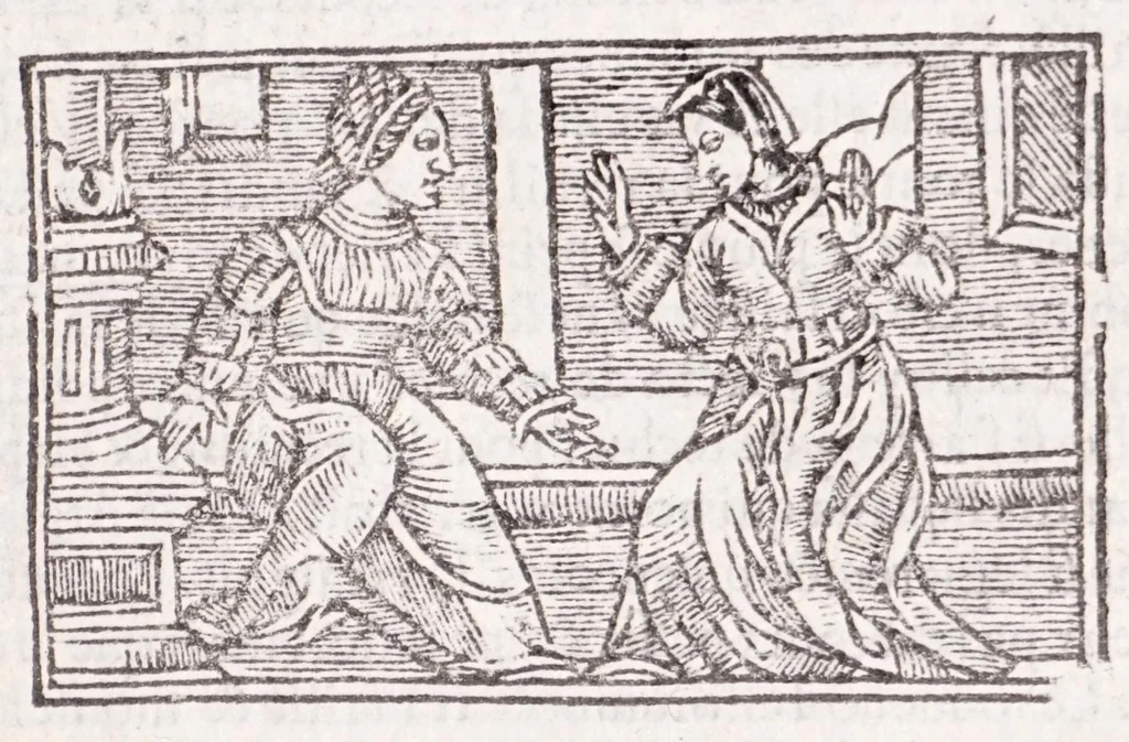 An illustration from Les XV. liures de la Metamorphose d'Ouide (poëte treselegãt) : contenans L'olympe des histoires poëtiques, traduictz de Latin en Francoys : le tout figuré de nouuelles figures & hystoires .., 1539, leaf 377