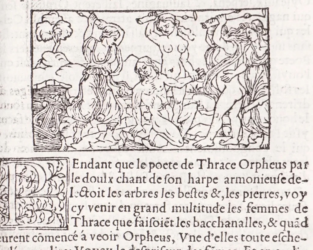 An illustration from Les XV. liures de la Metamorphose d'Ouide (poëte treselegãt) : contenans L'olympe des histoires poëtiques, traduictz de Latin en Francoys : le tout figuré de nouuelles figures & hystoires .., 1539, leaf 383