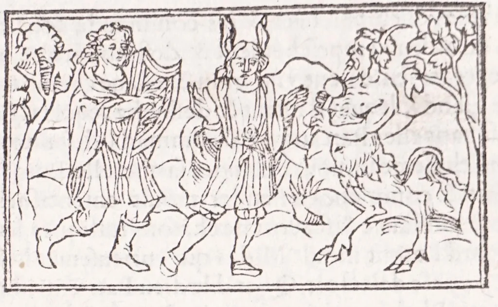 An illustration from Les XV. liures de la Metamorphose d'Ouide (poëte treselegãt) : contenans L'olympe des histoires poëtiques, traduictz de Latin en Francoys : le tout figuré de nouuelles figures & hystoires .., 1539, leaf 389