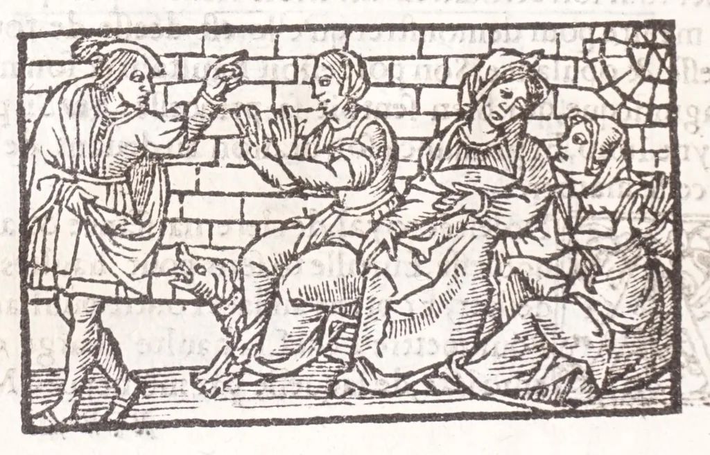An illustration from Les XV. liures de la Metamorphose d'Ouide (poëte treselegãt) : contenans L'olympe des histoires poëtiques, traduictz de Latin en Francoys : le tout figuré de nouuelles figures & hystoires .., 1539, leaf 402