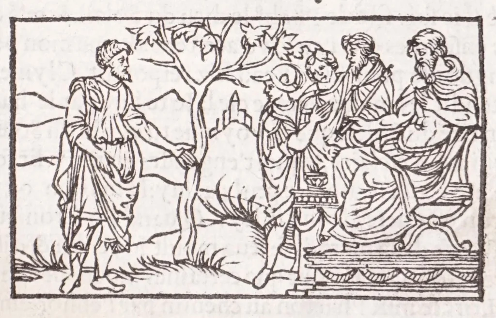 An illustration from Les XV. liures de la Metamorphose d'Ouide (poëte treselegãt) : contenans L'olympe des histoires poëtiques, traduictz de Latin en Francoys : le tout figuré de nouuelles figures & hystoires .., 1539, leaf 41