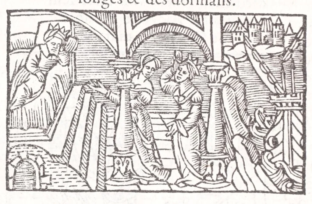 An illustration from Les XV. liures de la Metamorphose d'Ouide (poëte treselegãt) : contenans L'olympe des histoires poëtiques, traduictz de Latin en Francoys : le tout figuré de nouuelles figures & hystoires .., 1539, leaf 440