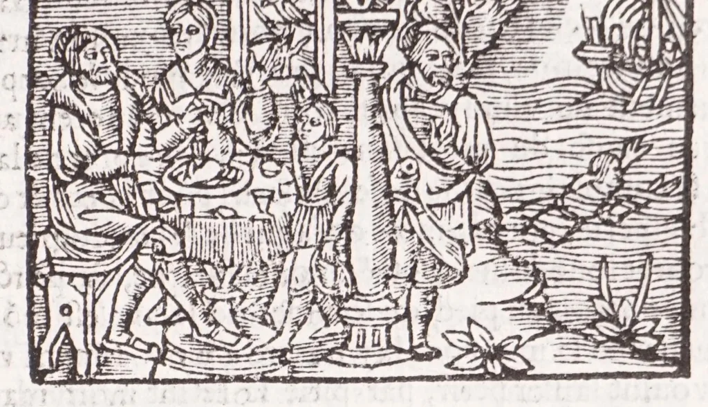 An illustration from Les XV. liures de la Metamorphose d'Ouide (poëte treselegãt) : contenans L'olympe des histoires poëtiques, traduictz de Latin en Francoys : le tout figuré de nouuelles figures & hystoires .., 1539, leaf 447