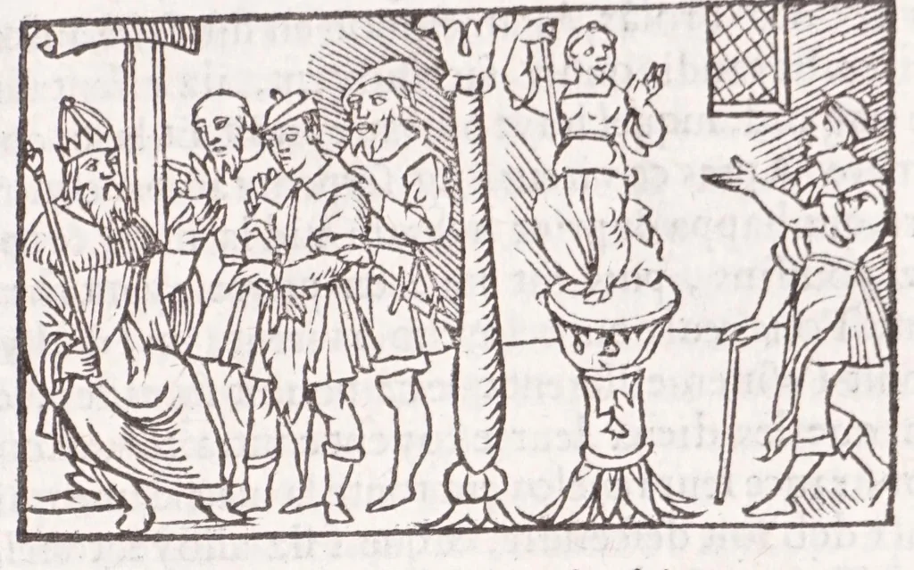 An illustration from Les XV. liures de la Metamorphose d'Ouide (poëte treselegãt) : contenans L'olympe des histoires poëtiques, traduictz de Latin en Francoys : le tout figuré de nouuelles figures & hystoires .., 1539, leaf 469