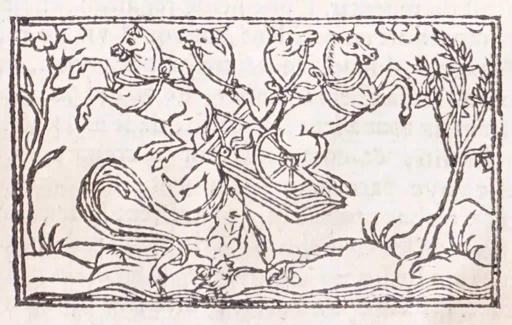 An illustration from Les XV. liures de la Metamorphose d'Ouide (poëte treselegãt) : contenans L'olympe des histoires poëtiques, traduictz de Latin en Francoys : le tout figuré de nouuelles figures & hystoires .., 1539, leaf 47