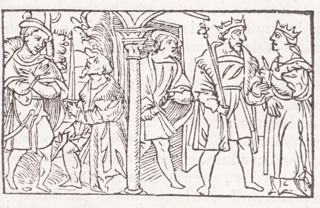 An illustration from Les XV. liures de la Metamorphose d'Ouide (poëte treselegãt) : contenans L'olympe des histoires poëtiques, traduictz de Latin en Francoys : le tout figuré de nouuelles figures & hystoires .., 1539, leaf 477