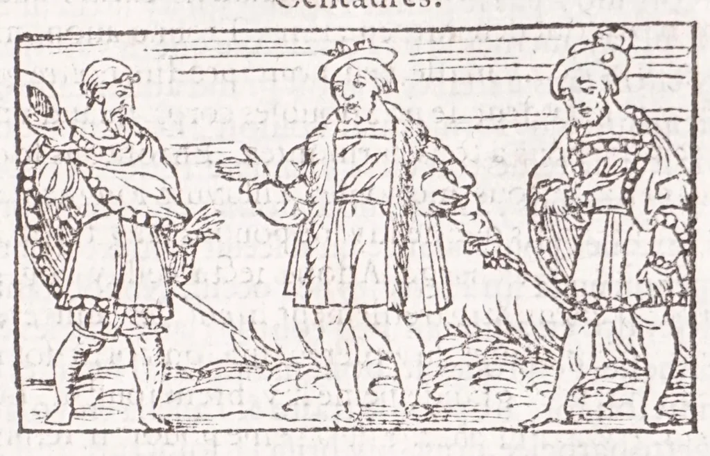 An illustration from Les XV. liures de la Metamorphose d'Ouide (poëte treselegãt) : contenans L'olympe des histoires poëtiques, traduictz de Latin en Francoys : le tout figuré de nouuelles figures & hystoires .., 1539, leaf 487