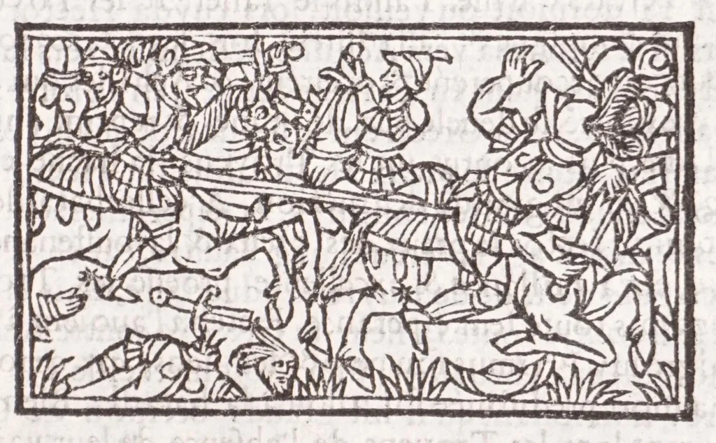 An illustration from Les XV. liures de la Metamorphose d'Ouide (poëte treselegãt) : contenans L'olympe des histoires poëtiques, traduictz de Latin en Francoys : le tout figuré de nouuelles figures & hystoires .., 1539, leaf 495