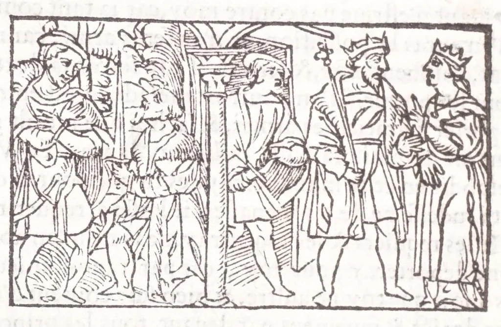 An illustration from Les XV. liures de la Metamorphose d'Ouide (poëte treselegãt) : contenans L'olympe des histoires poëtiques, traduictz de Latin en Francoys : le tout figuré de nouuelles figures & hystoires .., 1539, leaf 508