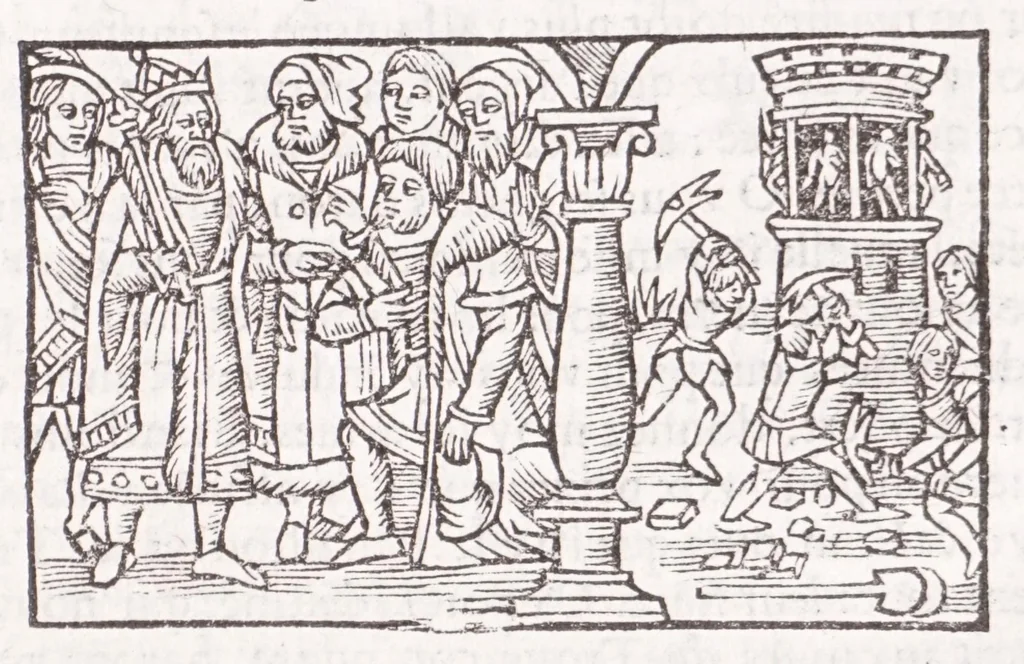 An illustration from Les XV. liures de la Metamorphose d'Ouide (poëte treselegãt) : contenans L'olympe des histoires poëtiques, traduictz de Latin en Francoys : le tout figuré de nouuelles figures & hystoires .., 1539, leaf 521