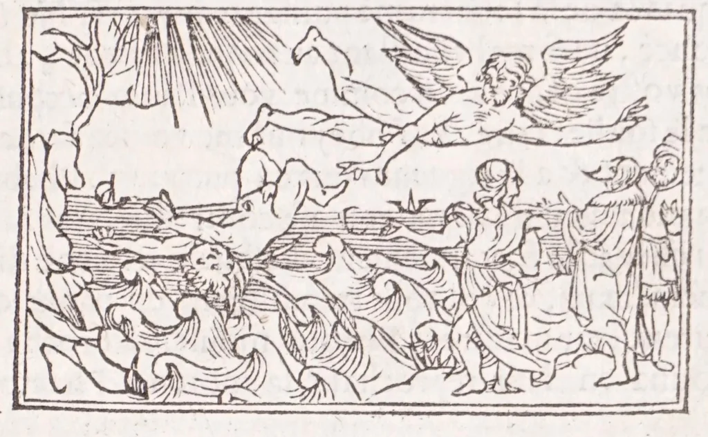 An illustration from Les XV. liures de la Metamorphose d'Ouide (poëte treselegãt) : contenans L'olympe des histoires poëtiques, traduictz de Latin en Francoys : le tout figuré de nouuelles figures & hystoires .., 1539, leaf 53