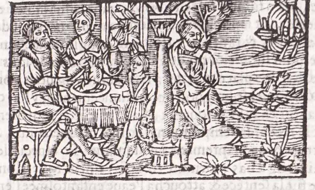 An illustration from Les XV. liures de la Metamorphose d'Ouide (poëte treselegãt) : contenans L'olympe des histoires poëtiques, traduictz de Latin en Francoys : le tout figuré de nouuelles figures & hystoires .., 1539, leaf 551