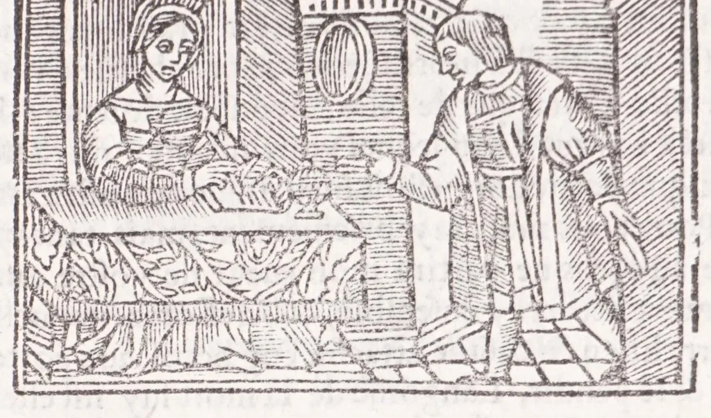 An illustration from Les XV. liures de la Metamorphose d'Ouide (poëte treselegãt) : contenans L'olympe des histoires poëtiques, traduictz de Latin en Francoys : le tout figuré de nouuelles figures & hystoires .., 1539, leaf 577