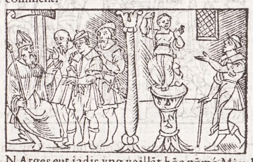 An illustration from Les XV. liures de la Metamorphose d'Ouide (poëte treselegãt) : contenans L'olympe des histoires poëtiques, traduictz de Latin en Francoys : le tout figuré de nouuelles figures & hystoires .., 1539, leaf 583