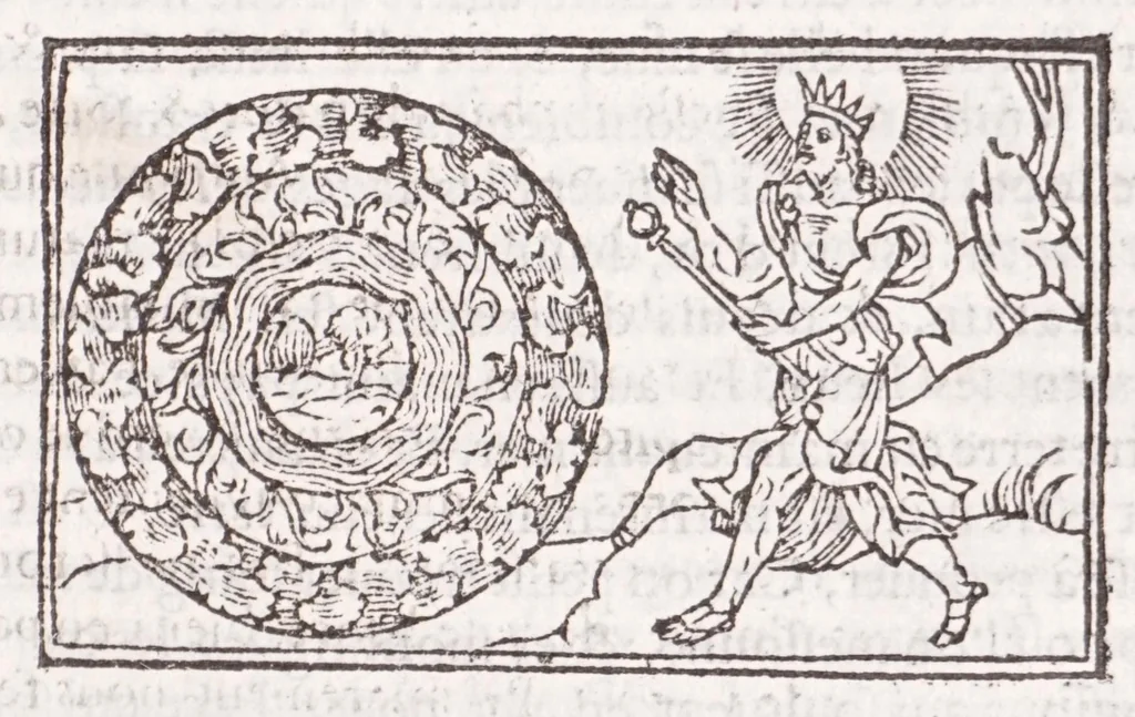 An illustration from Les XV. liures de la Metamorphose d'Ouide (poëte treselegãt) : contenans L'olympe des histoires poëtiques, traduictz de Latin en Francoys : le tout figuré de nouuelles figures & hystoires .., 1539, leaf 591
