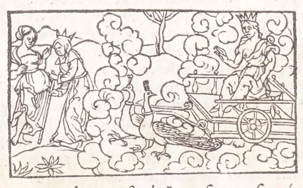 An illustration from Les XV. liures de la Metamorphose d'Ouide (poëte treselegãt) : contenans L'olympe des histoires poëtiques, traduictz de Latin en Francoys : le tout figuré de nouuelles figures & hystoires .., 1539, leaf 60