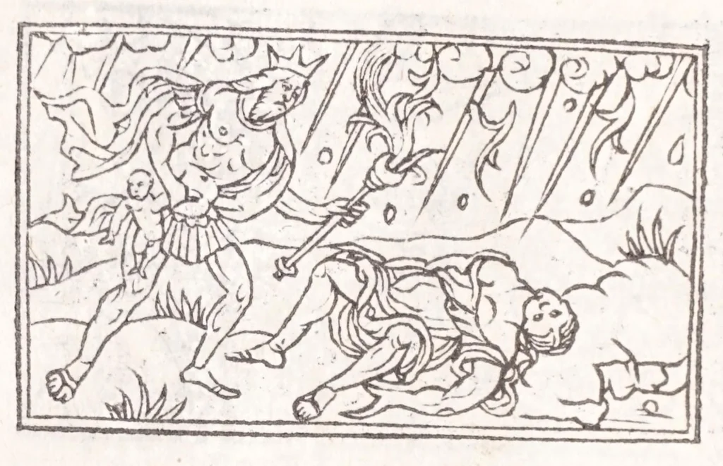 An illustration from Les XV. liures de la Metamorphose d'Ouide (poëte treselegãt) : contenans L'olympe des histoires poëtiques, traduictz de Latin en Francoys : le tout figuré de nouuelles figures & hystoires .., 1539, leaf 64