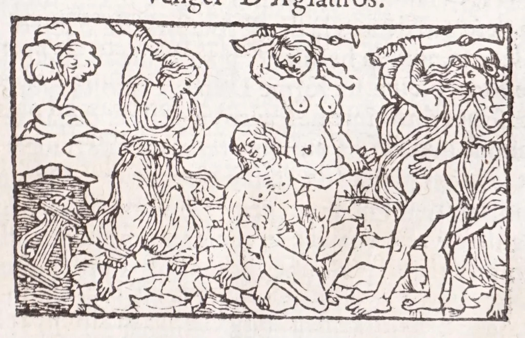 An illustration from Les XV. liures de la Metamorphose d'Ouide (poëte treselegãt) : contenans L'olympe des histoires poëtiques, traduictz de Latin en Francoys : le tout figuré de nouuelles figures & hystoires .., 1539, leaf 71