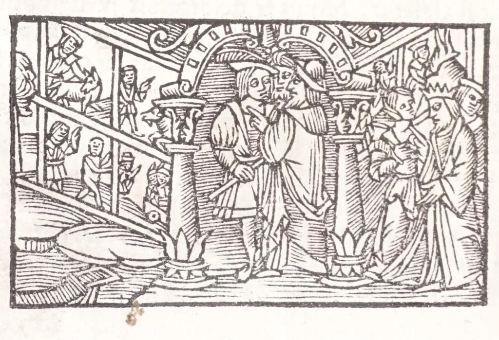 An illustration from Les XV. liures de la Metamorphose d'Ouide (poëte treselegãt) : contenans L'olympe des histoires poëtiques, traduictz de Latin en Francoys : le tout figuré de nouuelles figures & hystoires .., 1539, leaf 80