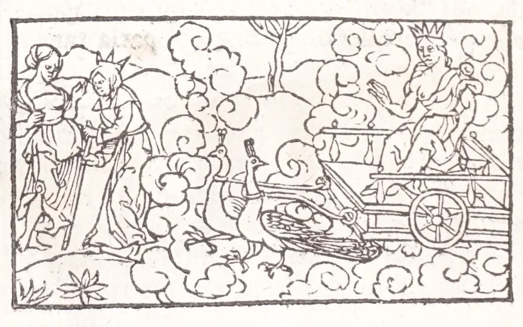 An illustration from Les XV. liures de la Metamorphose d'Ouide (poëte treselegãt) : contenans L'olympe des histoires poëtiques, traduictz de Latin en Francoys : le tout figuré de nouuelles figures & hystoires .., 1539, leaf 88