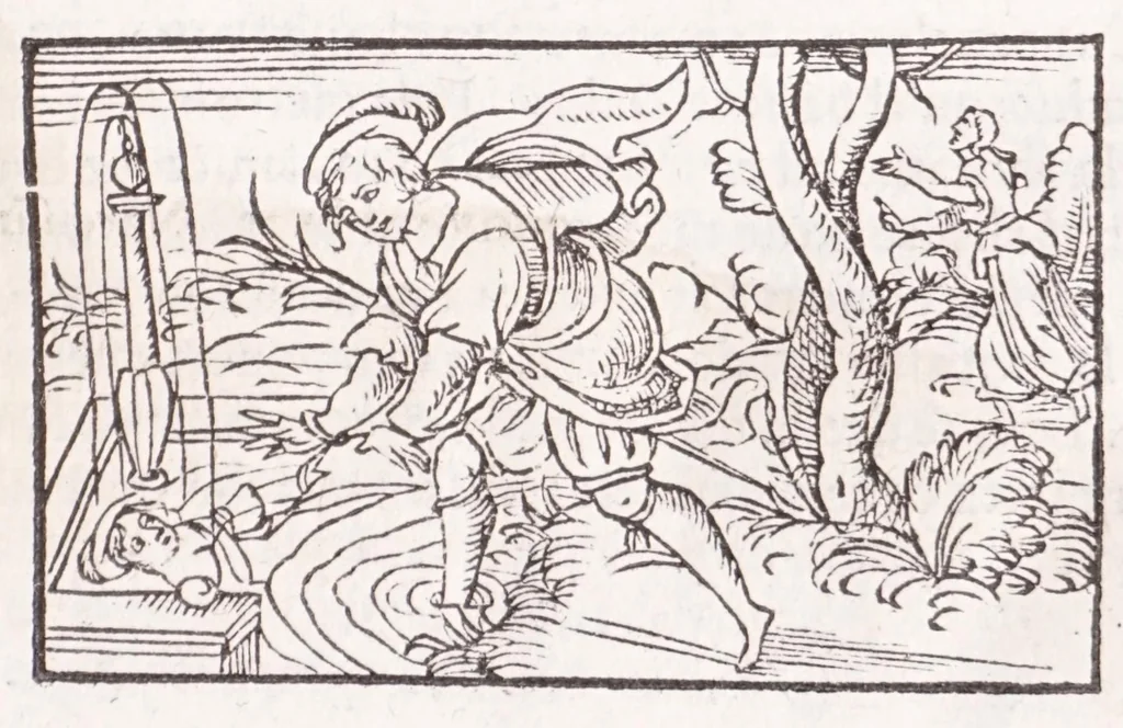 An illustration from Les XV. liures de la Metamorphose d'Ouide (poëte treselegãt) : contenans L'olympe des histoires poëtiques, traduictz de Latin en Francoys : le tout figuré de nouuelles figures & hystoires .., 1539, leaf 97