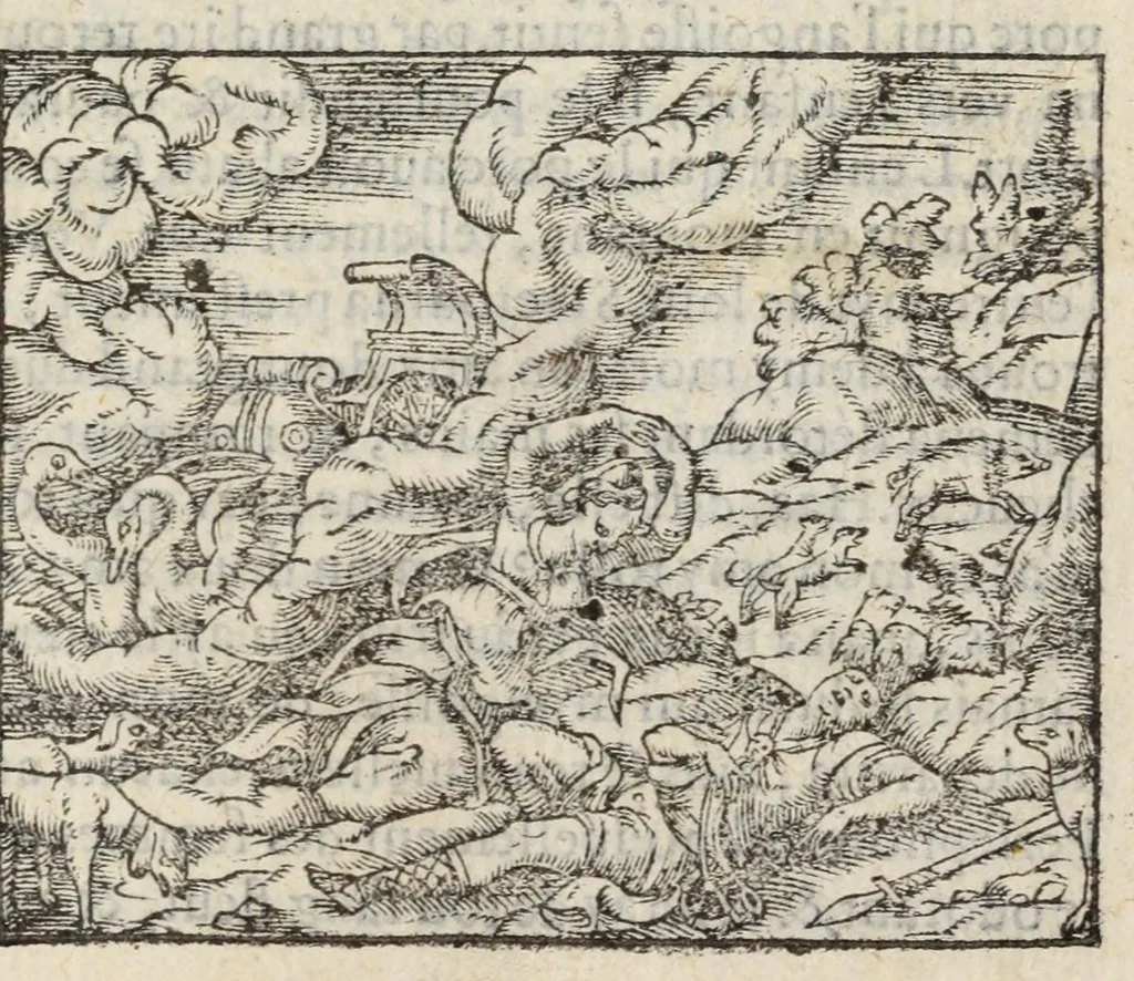 An illustration from Les XV. livres de la Metamorphose d'Ovide, poete treselegant : contenants l'Olympe des hystoires poetiqves, traduitz de latin en françois, 1574, leaf 499