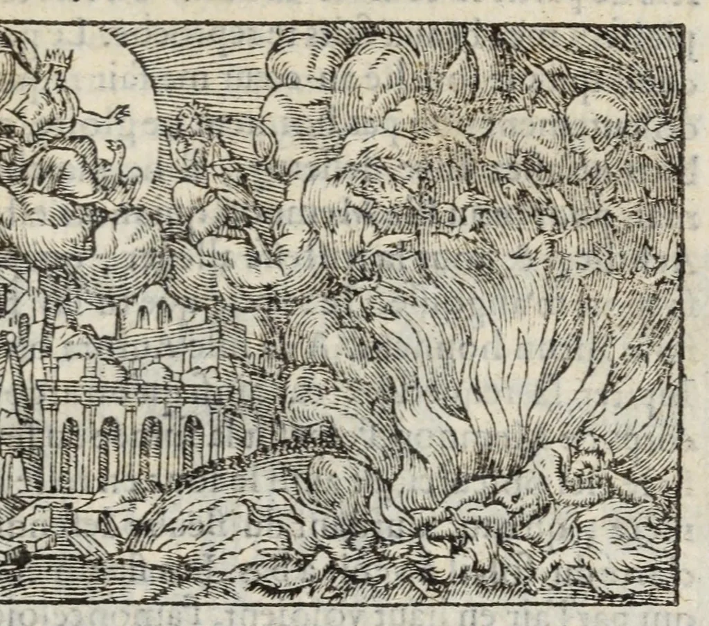 An illustration from Les XV. livres de la Metamorphose d'Ovide, poete treselegant : contenants l'Olympe des hystoires poetiqves, traduitz de latin en françois, 1574, leaf 685