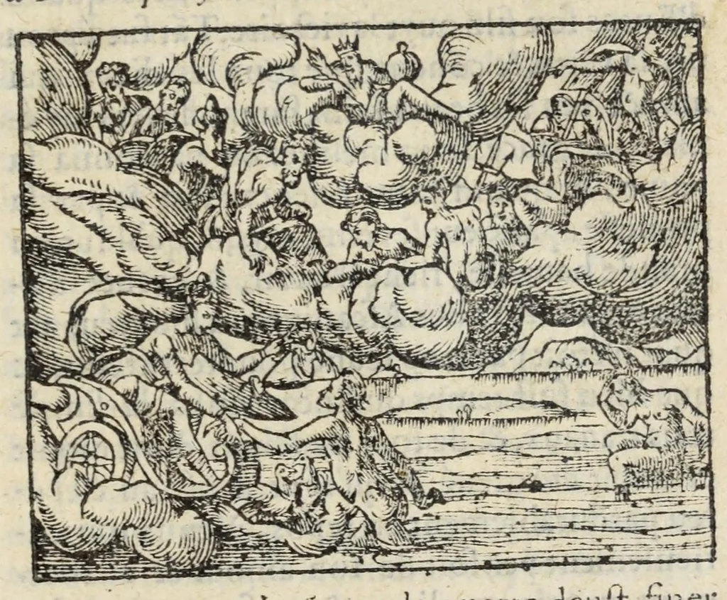 An illustration from Les XV. livres de la Metamorphose d'Ovide, poete treselegant : contenants l'Olympe des hystoires poetiqves, traduitz de latin en françois, 1574, leaf 737