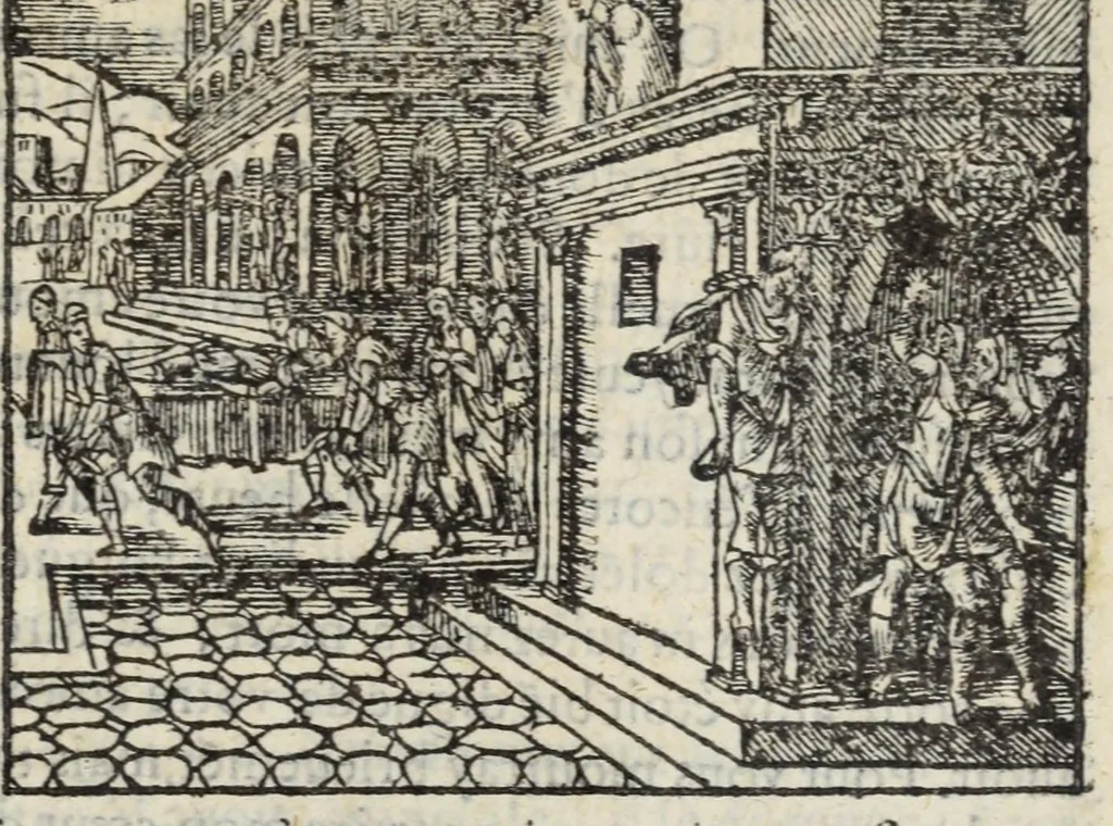 An illustration from Les XV. livres de la Metamorphose d'Ovide, poete treselegant : contenants l'Olympe des hystoires poetiqves, traduitz de latin en françois, 1574, leaf 743