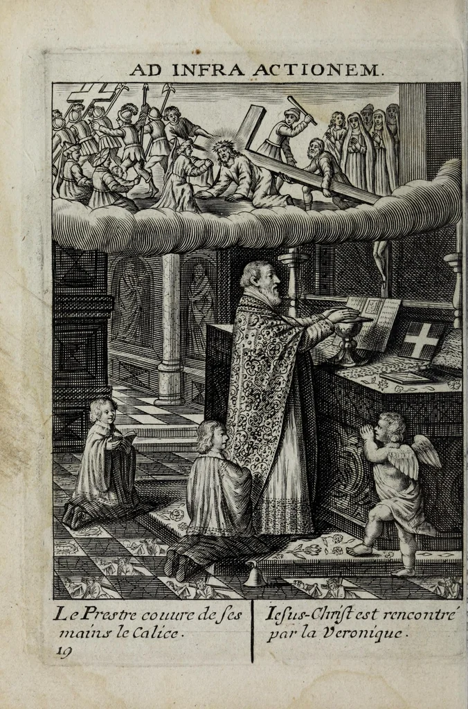An illustration from Le tableau de la Croix representé dans les ceremonies de la Ste. messe : ensemble le tresor de la deuotion aux soufrances de N.re S. I.C. : le tout enrichi de belles figures, 1652, leaf 52