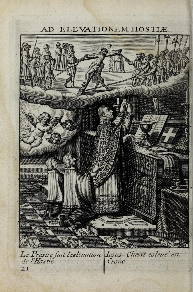 An illustration from Le tableau de la Croix representé dans les ceremonies de la Ste. messe : ensemble le tresor de la deuotion aux soufrances de N.re S. I.C. : le tout enrichi de belles figures, 1652, leaf 56